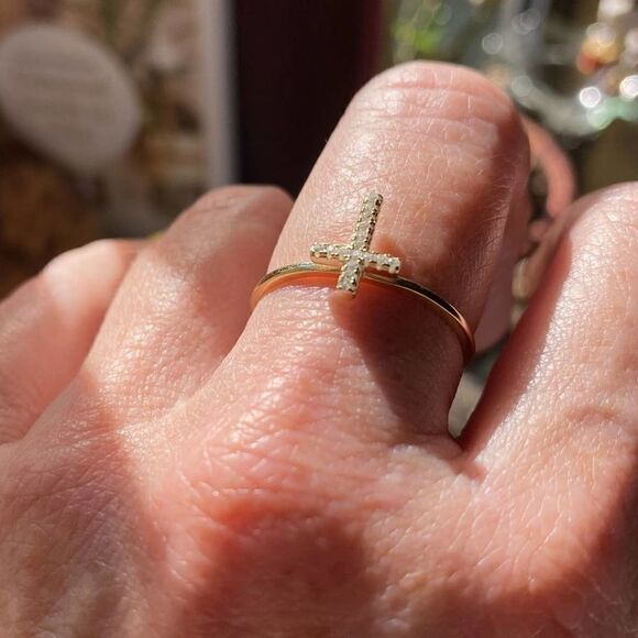 Cross Yellow Gold Sterling Silver Ring - Picture 3 of 7